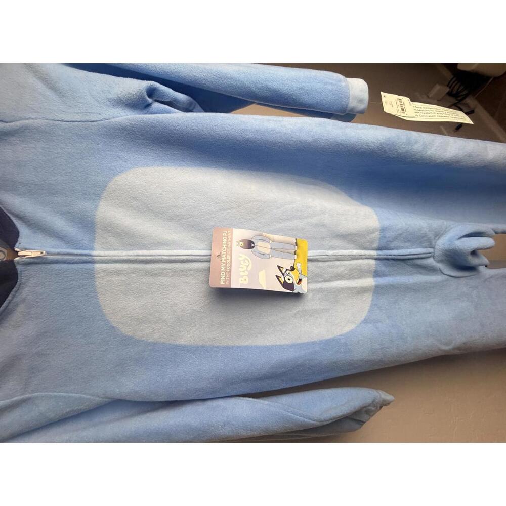 Bluey Kids Hooded One Piece Pajamas M (8/10) Blue Fleece Flame Resistant - Picture 2 of 8